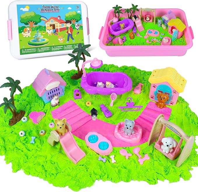 Pet Sensory Bin, Cat and Dog Sensory Bin for Toddlers Kids, Sensory Play Sand Art Kit Set with Sandbox & Tools & Pet Care Set, Indoor Outdoor Pretend Play Beach Toy Gift for Girls Boys 3 4 5 6 7 8