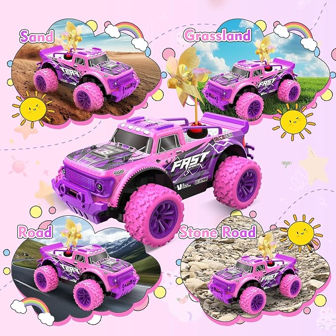 Remote Control Car for Girls: 20Km/h All Terrain Fast RC Cars with Light and DIY Windmills - 2.4GHz Pink Purple Monster Truck Car Toys for 6 7 8 9 10 11 12 Girls Birthday Gift