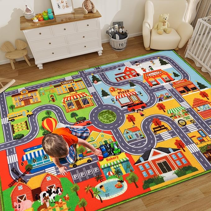Kids Rug Car Carpet Play Mat, Non-Slip Traffic Road Rug for Kids, Extra City Map Educational Mat for Playroom Boys Bedroom Classroom (59X39.4 INCH, Four Season)