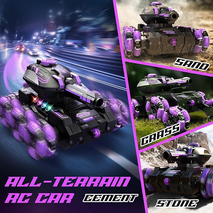 Remote Control Car for Kids, RC Cars Toys for Ages 8-13, 2.4GHz 360° Rotation 6WD RC Stunt Car Water Bomb Toy Birthday Gifts for 6 7 8 9 10 11 12 Year Old Boys Girls (Purple)