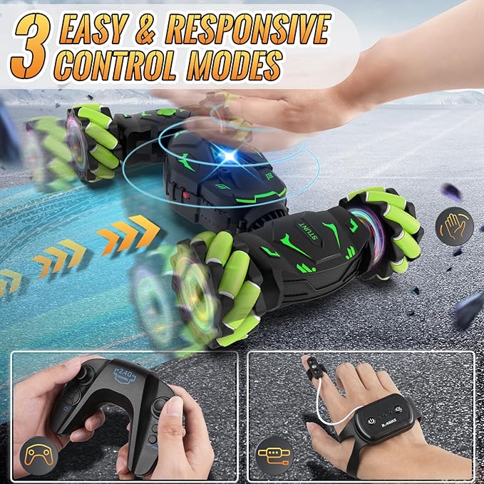 Pristar Gesture RC Toys for Boys 6-12, RC Sensing Stunt Car with Cool Spray Lights Music, Double Sided Flip 360 Rotate 4WD Off-Road