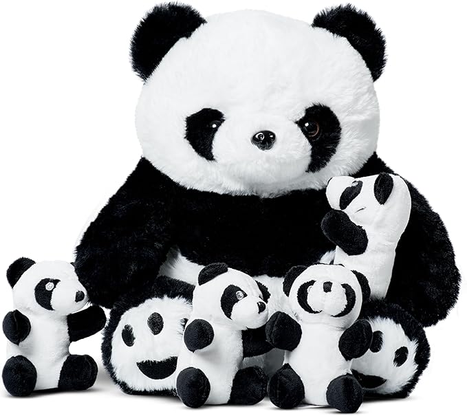 PixieCrush Panda Toys Stuffed Animal - Plush Mommy Panda with Zippered Belly and 4 Little Baby Pandas for Girls - White and Black Giant Stuffed Animal - Set of 5