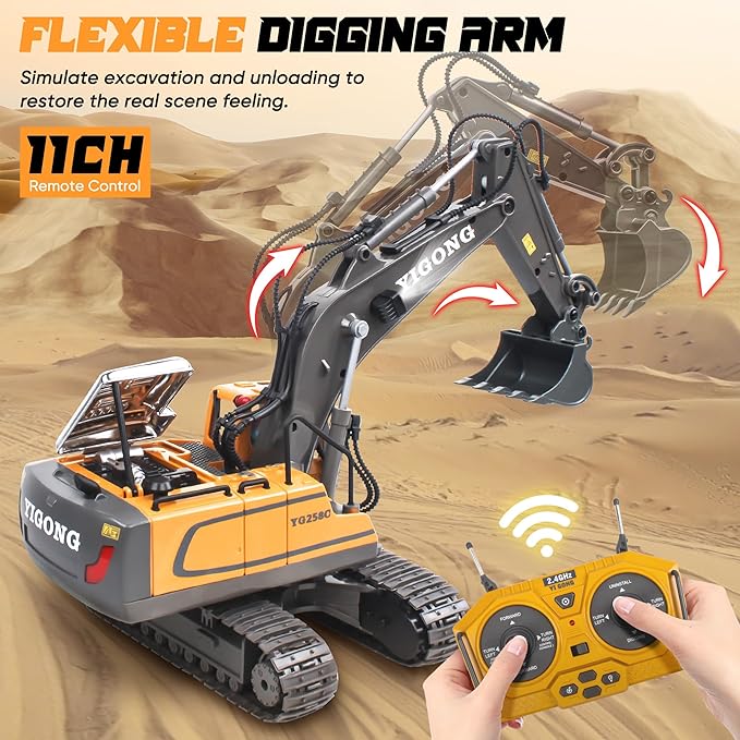 Remote Control Excavator Toy for 6 7 8 9 10 Years Old Kids, 2×1200mAh 11 Channel RC Digger with Metal Shovel, 680 Degree Rotation 2.4Ghz Simulated Sound & Lights, Ideal Gift for Birthday