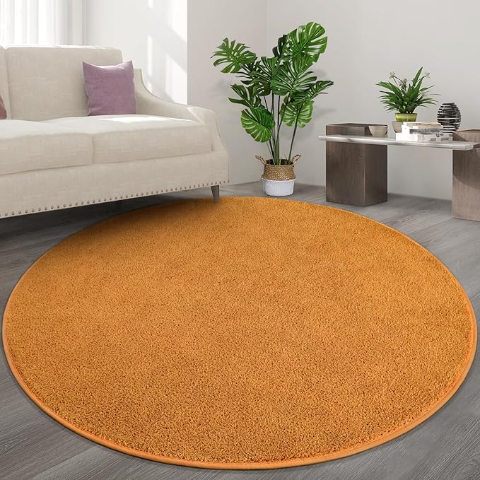 FlyDOIT Round Area Rugs for Bedroom Living Room, 4x4 Orange Super Soft Comfy Thickened Memory-Foam Indoor Circle Carpets, Modern Aesthetic Minimalist Carpet for Boys Girls Adults Nursery Home Décor