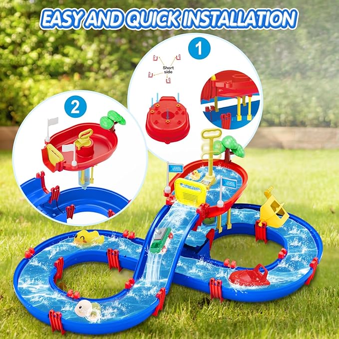 2-Tier Water Table Toys for Kids,61PCS Water Park Playset with Pump,Summer Water Toys Waterways for Backyard Beach Pool Lawn,Outdoor Toy for Toddlers 3-5 4-8, Gifts for Boys Girls