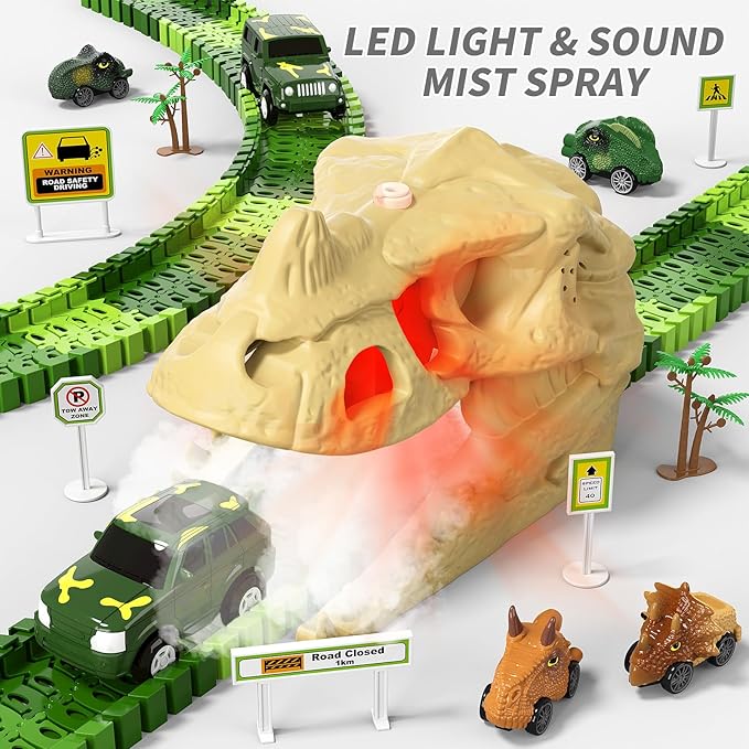 iHaHa 249 PCS Dinosaur Toys Race Car Track, Toys for Kids Toddler Boys Ages 2-4 3-5 4-6, Dinosaur Race Tracks Toys with Light, Sound & Spray, Birthday Dinosaur Toys Gifts for 2 3 4 5 Year Old Boys