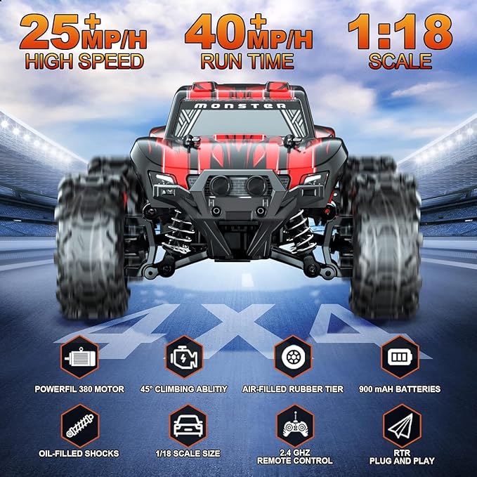 25MPH Fast RC Car for Boys – 1:18 Scale Off-Road 4x4 Rock Crawler, Waterproof All-Terrain Truck with 2.4GHz Control & Extra Battery