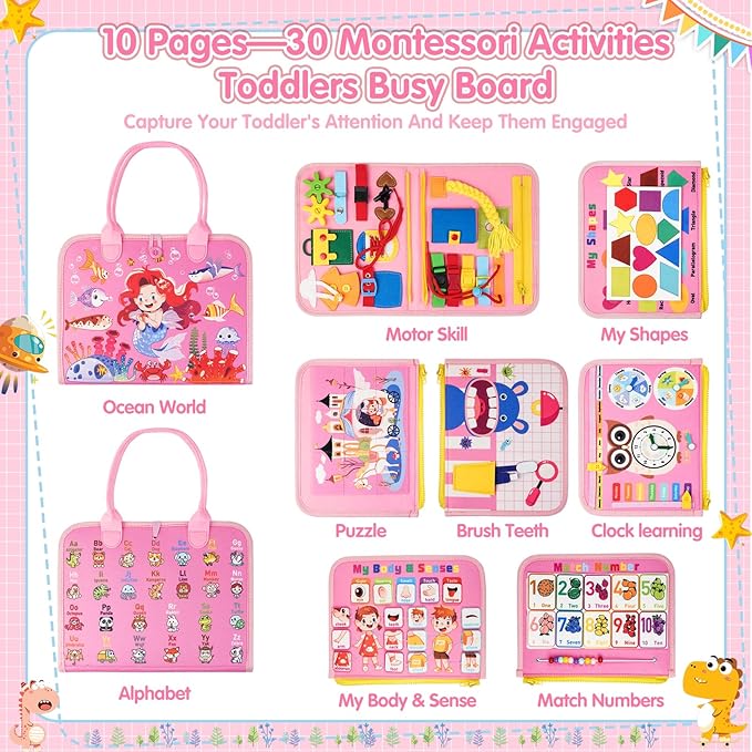 2 Year Old Girl Christmas Birthday Gift - Montessori Busy Board Book for Toddler Girls (Age 1-3), Sensory Learning Activity Toys, Road & Airplane Travel Toys