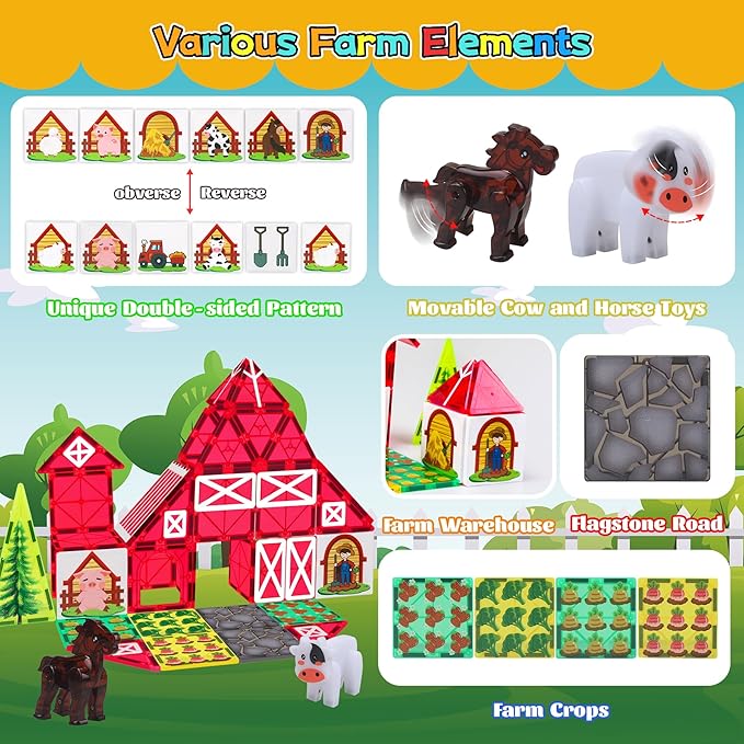 Magnetic Tiles Farm Animal Toy Set with Interactive Cow & Horse, Magnetic Building Blocks for Kids Ages 3-5 4-8 5-7, Magnet Tiles Educational STEM Toy for Boys & Girls
