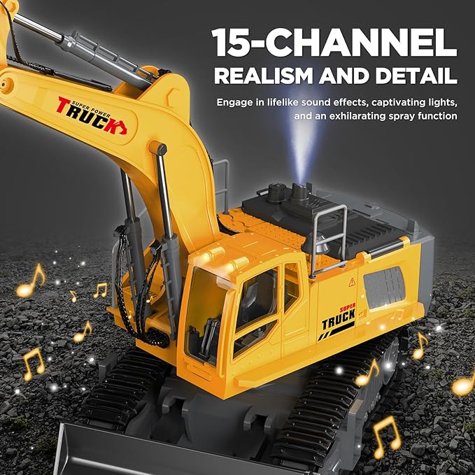 21" Large Remote Control Excavator Toy with Metal Bucket & Dozer Blade, 15-Channel RC Excavator Toys for Boys 6+ Kids Adults Construction Vehicles Christmas Birthday Gift, 120+Mins/Spray/Sound/Light