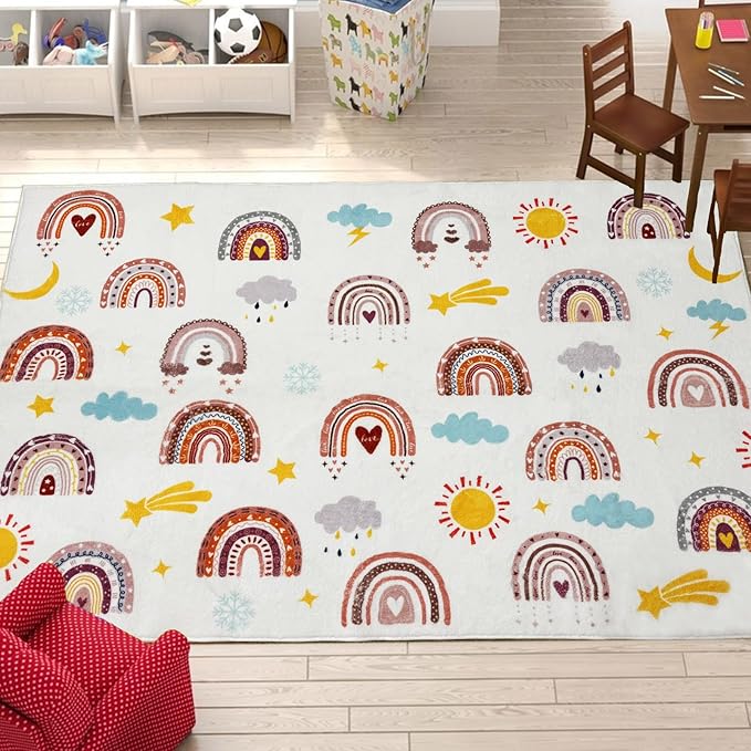 Boho Rainbow Soft Kids Play Rug, Washable Foldable Baby Crawling Floor Mat, Non Slip Nursery Area Rug for Children Living Room Playroom Classroom Bathroom Bedroom Kids Room Decor