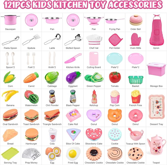 121Pcs Play Kitchen Accessories, Kids Kitchen Playset, Pretend Play Food Tea Party Set, Toy Kitchen Kids Cooking Real with Apron＆Chef Hat, Utensils Cookware Pots＆Pans, Toy Organizer, Toddler Toys Gift