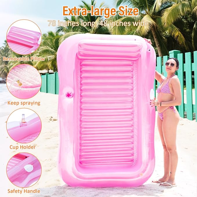 Inflatable Tanning Pool Lounger Float with Sprinkler, 78" x 48" Pool Floats Adult with Pillow, 3 in 1 Blow Up Tanning Bed, Suntan Tub Raft Floatie for Pools, Beach, Backyard Summer Water Party