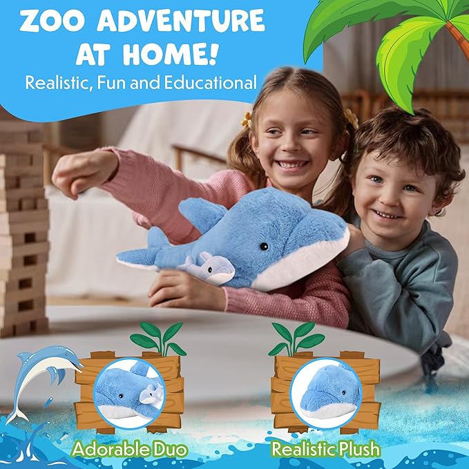 Mom and Baby Stuffed Animals for Boys & Girls, Safari Baby Shower Decorations, Nursery Decor, Zoo Animals for Toddlers, Quality Realistic Toys for Kids, Cute, Soft, Huggable, Squeezable (22" Dolphin)