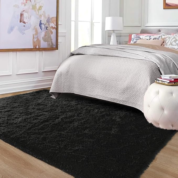 Ompaa Fluffy Rug, Super Soft Fuzzy Area Rugs for Bedroom Living Room - 6' x 9' Large Plush Furry Shag Rug - Kids Playroom Nursery Classroom Dining Room Decor Floor Carpet, Black