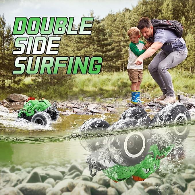 Amphibious Monster Truck Toys, 1:20 Waterproof Dinosaur Monster Trucks for Boys Age 4-7, 2.4GHz All Terrain RC Cars with 2 Batteries, 360° Rotating Stunt RC Car Toy Birthday Gift for Kids 3-5