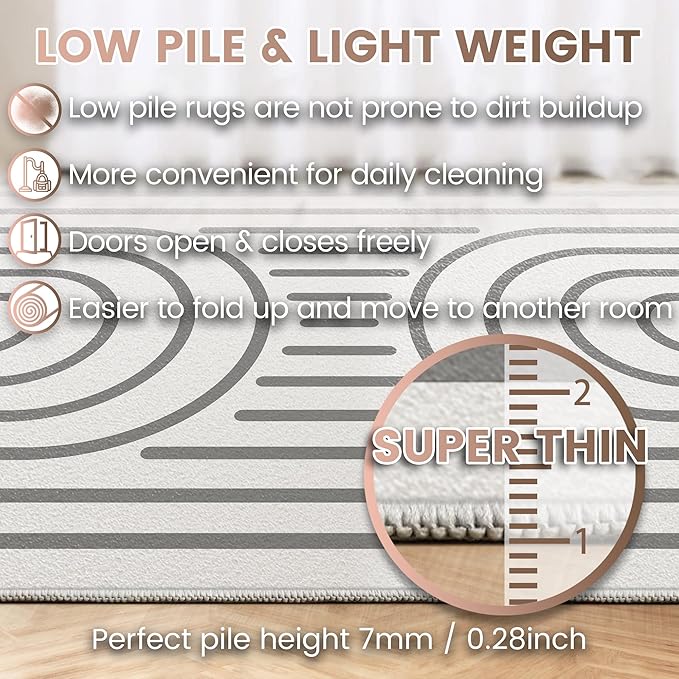 Washable 5x7 Modern Area Rug for Living Room, Grey White Minimalist Artistic Abstract Large Rug, Ultra Thin Low Pile Lightweight Soft Indoor Carpet with Nonslip Backing for Home Bedroom Kids Play Room