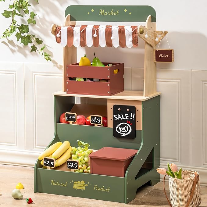 ROBOTIME Wooden Grocery Store Playset, Kids Play Store, Starlight Market Kitchen Playset Stand- Realistic Pretend Play Set with Lights, Chalkboard, Gift for Boys Girls 3+