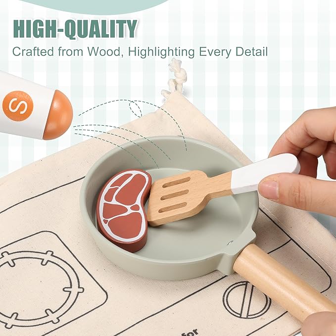 Wooden Play Cooking Set, Pretend Play Kitchen Accessories Toys Set for Kids Toddlers, Including Play Dishes, Pot and Pan, Utensils, Gifts for 3 4 5 Years Old Girls Boys