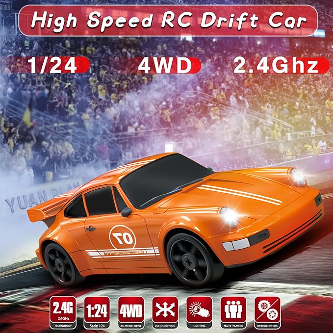 Remote Control RC Car for Boys - 1/24 2.4GHz 4WD Racing Drift Toy With Light, Rechargeable Battery and Drift Tires - Xmas Gift for Kids (Orange)