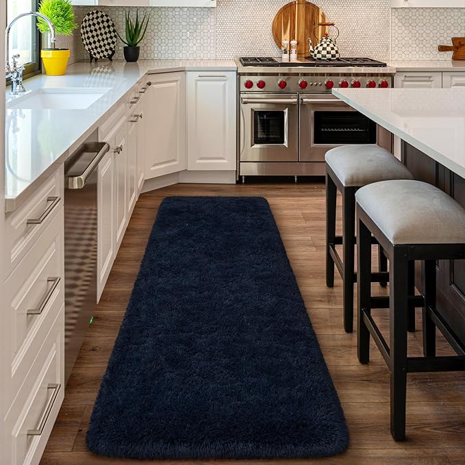 Amearea Shag Fluffy Runner Rug for Bedroom Girls Living Room, 2x6 Feet Extra Soft and Fuzzy Shaggy Rugs, Non Slip, Indoor Floor Long Carpet Mat for Boys Nursery Home Decor, Navy Blue