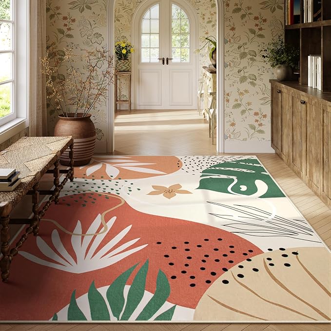 Lahome 8x10 Rugs for Living Room, Bedroom Rug 8x10 Under Bed Soft Kids Nursery Carpet, Boho Botanical Print Non-Slip Low Pile Carpet for Dining Room Office Playroom, Coral