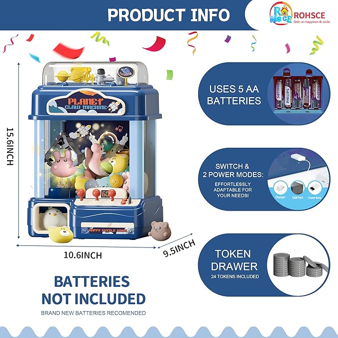 Claw Machine for Kids – Large Toy Claw Machine with Music Lights, Vending Machine Toy for Boys Girls, Includes Toys Inside, USB Rechargeable Candy Claw Game Machine for Kids Ages 4-12