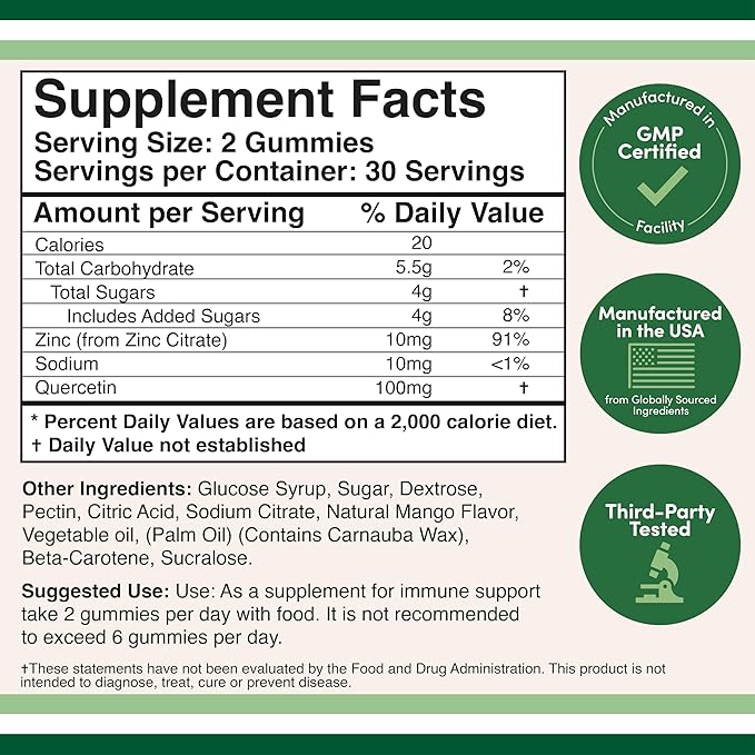 Quercetin Gummies with Zinc (100mg of Quercetin and 91% Daily Zinc per Serving) 60 Mango Flavored Chewable Immune Support Gummies for Adults and Kids (Non-GMO and Gluten Free) by Double Wood