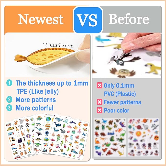 3 Sets Reusable Sticker Books for Kids 2-4, Jelly Stickers Activity Books, 123 Pcs Waterproof Stickers for Kids Girls Boys, Road Trip Toddler Airplane Train Car Travel Essentials Toy