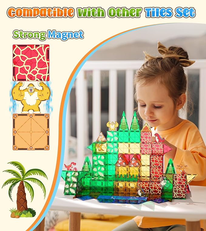 Dinosaurs Toys Magnetic Tiles for Kids 3-5, Dino,King Kong and Godzilla Animals World Construction Tile for Toddlers Ages 5-7, Magnet Building Blocks for Boys Girls Ages 3+ 4-8 8-12 Year Old