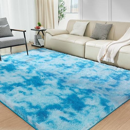 Ultra Soft Rug for Living Room, 4X5.8 Fluffy Shag Area Rug for Bedroom, Modern Shaggy Carpets Fuzzy Rug for Teens Dorm Nursery Home Decor Aesthetic, Upgrade Anti-Skid Durable, Tie-Dyed Blue