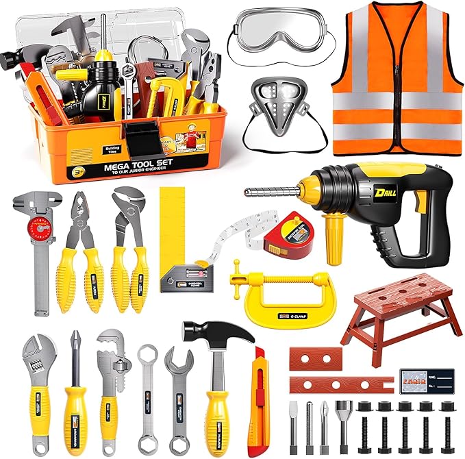 Deejoy Tool Set with Tool Box & Electronic Toy Drill, Pretend Play Kids Construction Kits for Kids Ages 3-5 Years Old, Toddler Boy Toys(Orange)