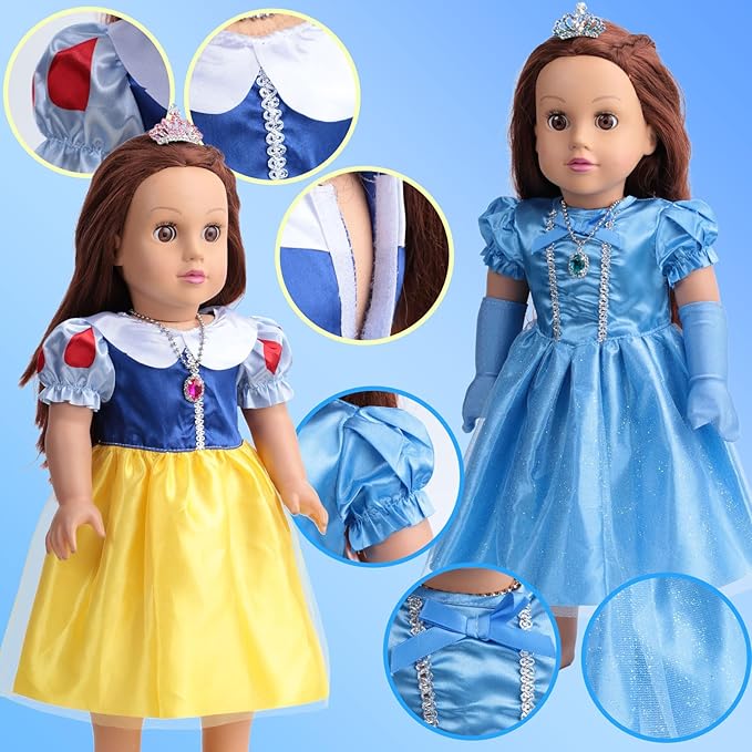 18-Inch Doll Clothes and Accessories – 6-Pack Princess Dress Set for 18” Dolls, Includes Crowns, Necklaces, Gloves & Headbands, Fits American 18 Inch Girl Dolls