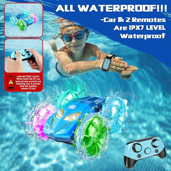 Amphibious Remote Control Car Boat - 4WD RC Stunt Car with Waterproof Gesture Sensing 2.4GHz RC Boat with Lights RC Monster Truck 360° Flips Rotation RC Vehicle Pool Toys Gifts for Boys Girls
