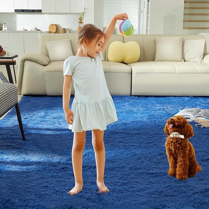 Ultra Soft Rug for Living Room, 3X5 Fluffy Shag Area Rug for Bedroom, Modern Shaggy Carpets Fuzzy Rug for Teens Dorm Nursery Home Decor Aesthetic, Upgrade Anti-Skid Durable, Blue