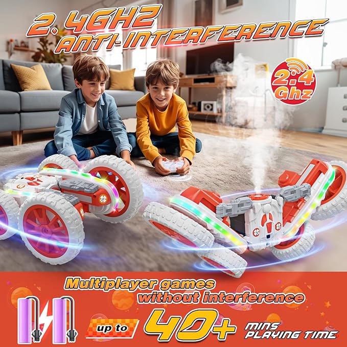 Remote Control Car,RC Cars with Sides Light and Headlights,360°Rotating 4WD Spray RC Stunt Car,2.4Ghz All Terrain Toy Car for Boys Age 4-7 Kids Toy for 8-12 Boys Girls Birthday Gift(Orange & White)