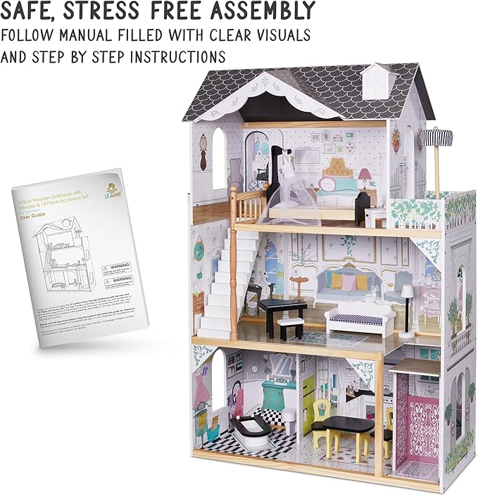 Lil' Jumbl Kids Wooden Dollhouse, with Elevator, Balcony & Stairs, Accessories & Furniture Included X-Large 3 Story Easy to Assemble Doll House Toy