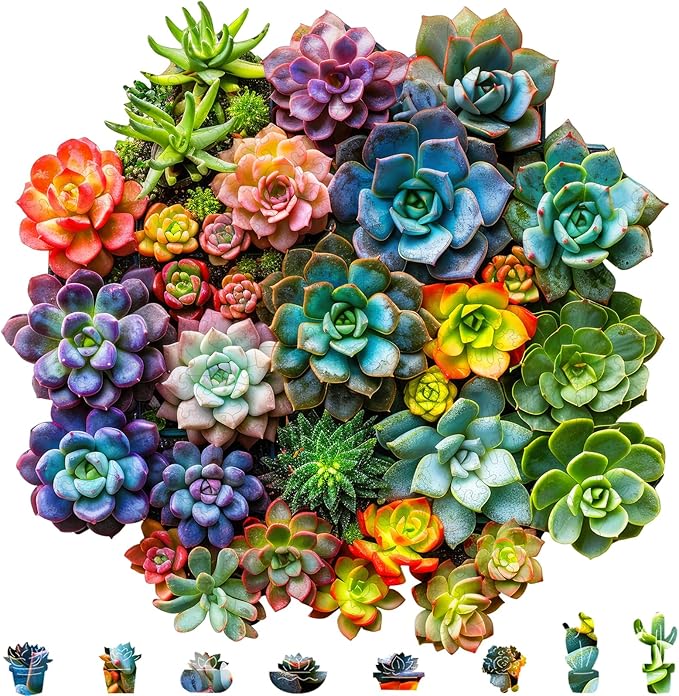 Succulent Wooden Puzzles for Adults, 200 Piece Unique Shaped Wood Jigsaw Puzzles for Adults and Kids, Fun Challenging Puzzles Family Game Gift, Medium 11.2'' x 11'