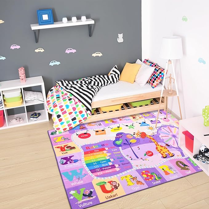 Chicrug Educational Kid Area Rug for Playroom, 7x10 TPR Non Slip Kids Classroom Carpet Rug for Learning ABC Animal Shape Color Washable Play Mat Rug for Children Nursery Toddler Room Decor