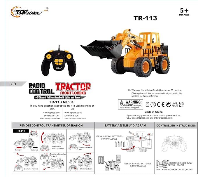Top Race TR-113 5 Channel Full Functional Remote Control Tractor Toy Front Loader - 14 x 6 x 8 inch Electric RC Remote Control Construction Toy Tractors with Lights and Sounds