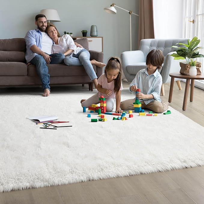 Cream White Fluffy Soft Living Room Bedroom Rug, 4x6 Area Rugs Super Soft Shaggy Carpet for Living Room Classroom Kids Playroom Toddler Nursery Dorm Home Decor, Modern Indoor Non Slip Rug