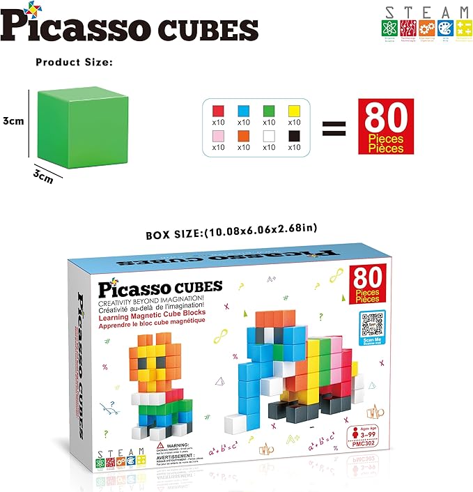 PicassoTiles Magnet Cube Building Blocks 80 Pieces 1.2" 3CM Magnetic Cubes Toy Construction Building Educational Sensory Toys with Idea Booklet for School & Preschool Kids Boys Girls Toddlers PMC302