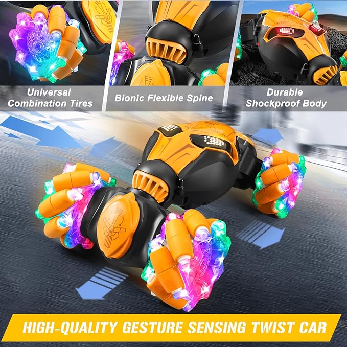 RC Cars Gesture Remote Control Car with Light Music 1:18 for Kids Age 6-12+ Hand Controlled Rc Car 2.4GHz 4WD Rc Stunt Car Gesture Sensing Double Sided Off Road Vehicle Toy Gifts(Yellow,2 Batteries)