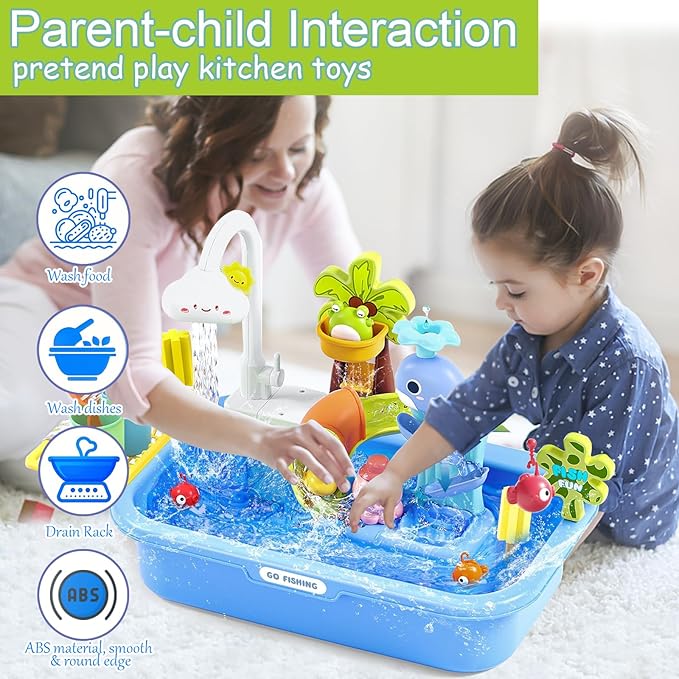 Kids Play Sink with Running Water & Electric Faucet, 4-in-1 Kitchen Sink Toy with Fishing Game, Pretend Play Kitchen Toy Accessories, Role Play Dishwasher Toys for Toddlers Boys Girls Blue