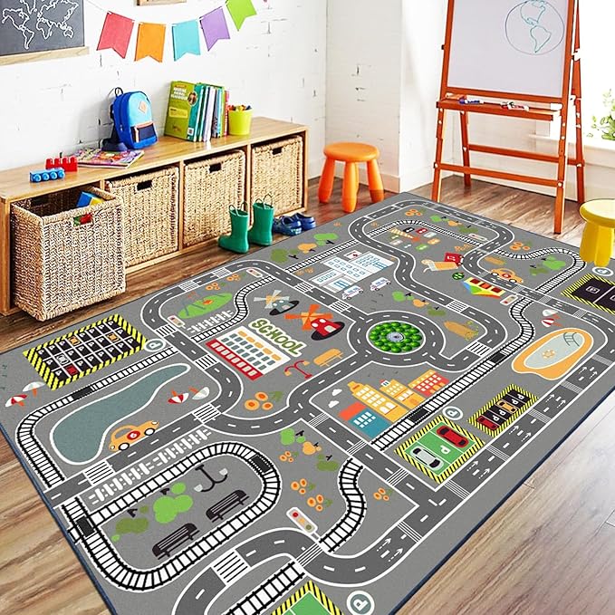 Car Rug Play Mat Great for Playing with Cars and Toys, Kid Playroom Carpet with Rubber Backing, Game Area for Baby Toddler Kid Child Educational Learn Road Traffic in Bedroom, Classroom