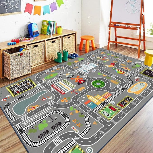 Car Rug Play Mat Great for Playing with Cars and Toys, Kid Playroom Carpet with Rubber Backing, Game Area for Baby Toddler Kid Child Educational Learn Road Traffic in Bedroom, Classroom
