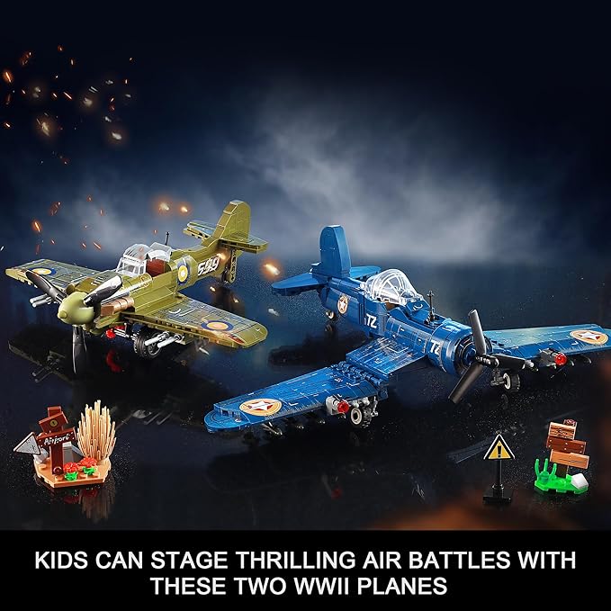 WW2 Military Plane Building Sets Compatible with Lego, Create US F4U & UK Spitfire Fighter Jet Models Toys, Great Army Airplane Aircraft Gifts for Boys Kids