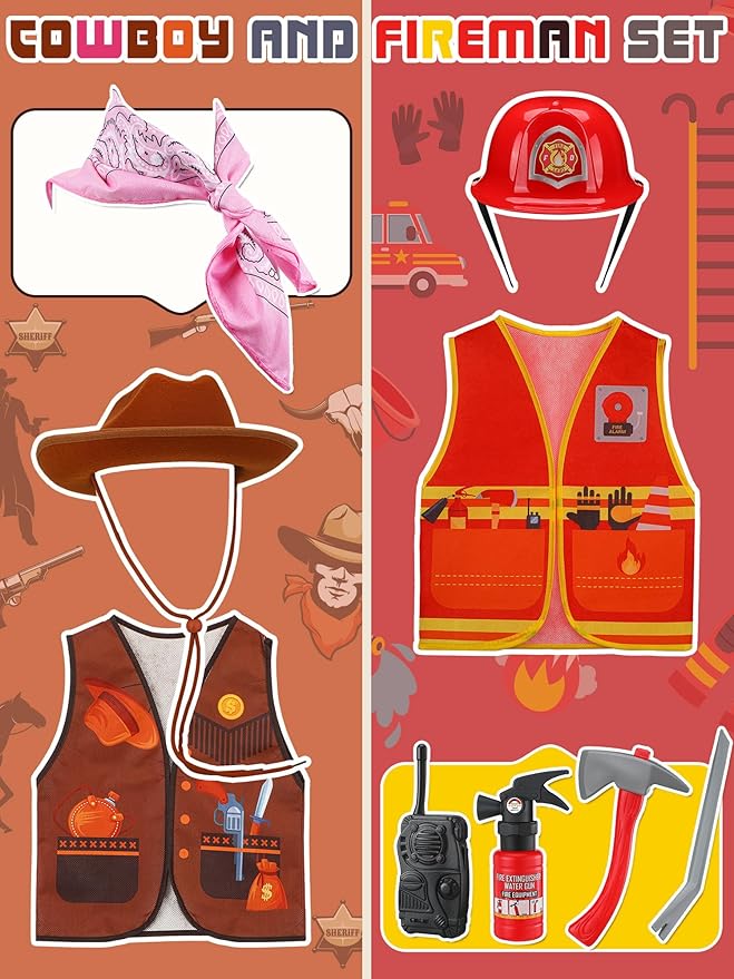 Hungdao 6 Sets Kids Boys Girls Dressing up Costumes, Toddler Dressing up and Pretend Play for Age 6-10 Dress up Firefighter, Construction Worker, Explorer, Astronaut, Cowboy, Policeman