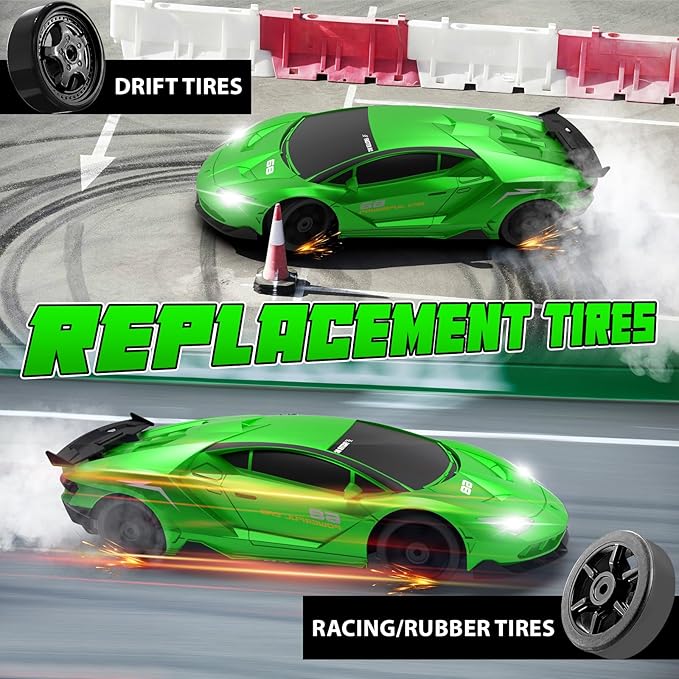 RC Drift Remote Control Car 2.4GHz 1/24 4WD 15KM/H High Speed Racing Sport with LED Lights Drifting Tire Toy for Adults Boys Girls Kids Gift 2Pcs Rechargeable Batteries