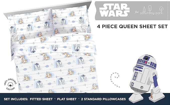 Saturday Park Star Wars Droids Queen Sheet Set - 4 Piece 100% Organic Cotton Sheets Features R2-D2 & BB-8 - GOTS & Oeko-TEX Certified (Star Wars Official)